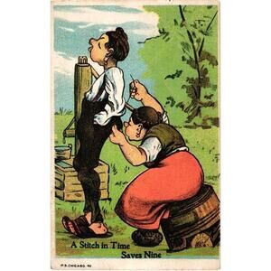 A Stitch In Time Saves Nine Antique Postcard Posted 1906 Sewing Pants‎ Humor